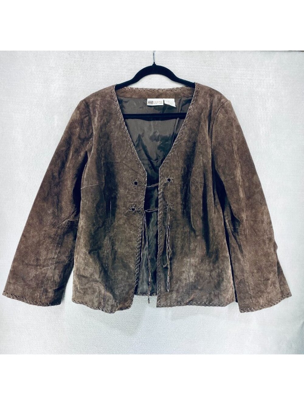 Vintage 90s Leather Jacket Womens L Brown Lightweight Tie Front Coat y2k